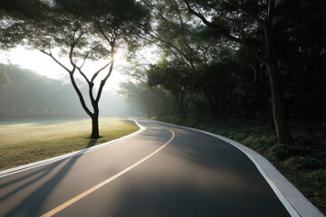 Obraz premium serene running track winding through lush green forest sunlight filtering through trees creating peaceful
