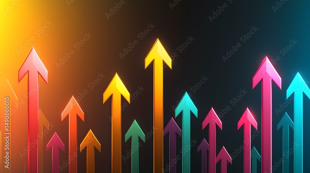 Poster the image contains numerous glossy, colorful arrows pointing upwards against a dark background with 