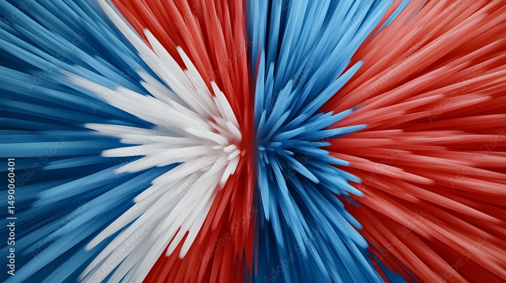 Poster the image shows an abstract design featuring radiating lines of red, white, and blue, creating a bur