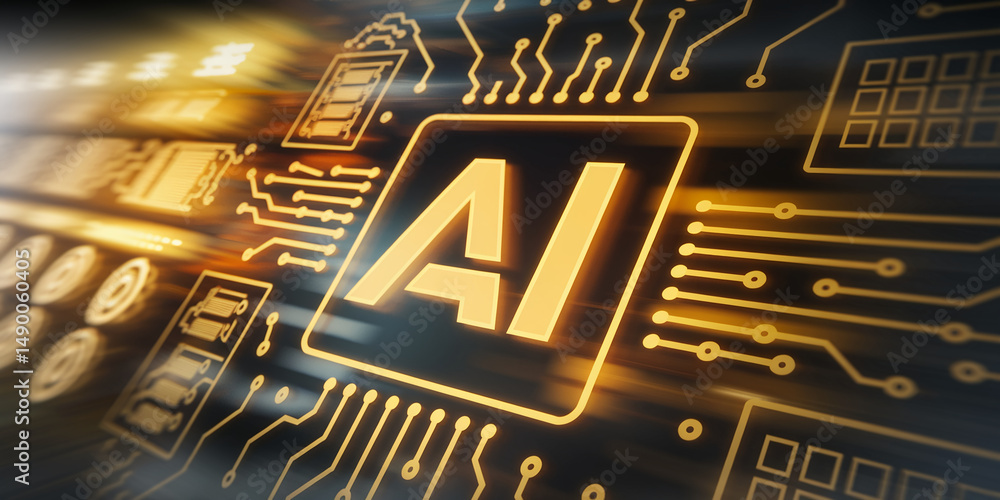 Poster ai symbol glowing on circuit board, suggesting technological advancement and innovation in artificia