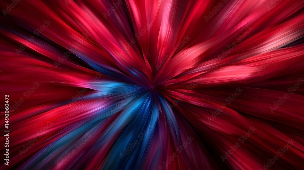 Poster the image contains an abstract design of radiating streaks of deep red and vibrant blue, converging 