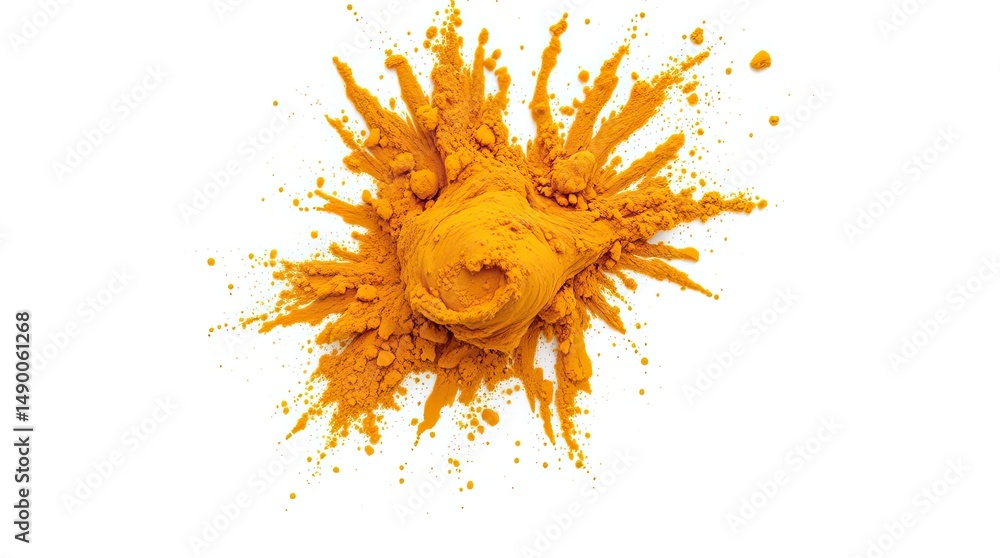 Poster a vibrant splash of turmeric powder creating an explosion of color on a stark white background