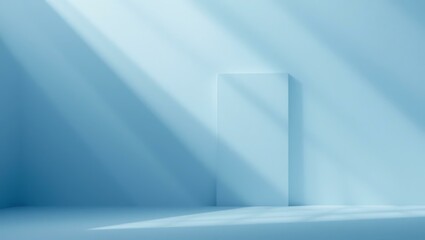 A serene blue room with soft light rays illuminating a minimalistic door, symbolizing calm and peace.