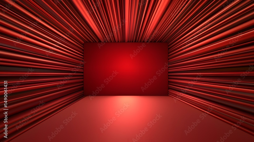 Poster a red, square room is surrounded by dramatically flowing red curtains creating a stage-like effect.