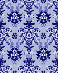 Fototapeta premium Victorian Baroque damask pattern in indigo violet elegance.