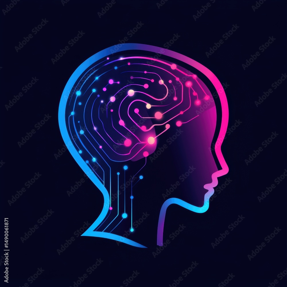 Poster silhouette of human head with connected circuit nodes depicting neural network