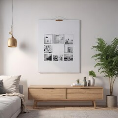 Modern living room, poster mockup on white wall, wooden clips ,  furniture,  home decor,  background