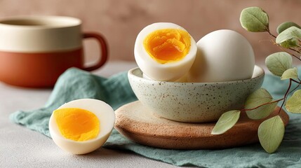 Fototapeta premium Simple cooking for nutrition with protein and yolk concept. Freshly cooked eggs in a bowl with vibrant yolks and cozy background.