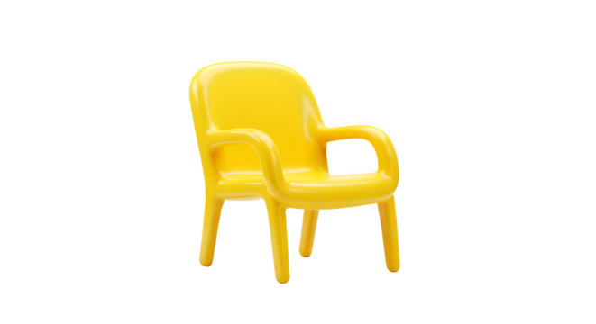 Bright yellow armchair, modern design. Perfect for minimalist interiors. 3D plastic style icon. Isolated on transparent or white background