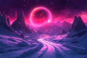 Obraz premium Sci-fi landscape with planet, neon light, cold planet. Galaxy, unknown planet.