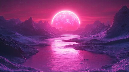 Sci-fi landscape with planet, neon light, cold planet. Galaxy, unknown planet.