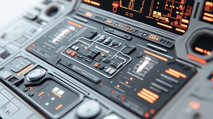Close-up of a futuristic control panel with numerous buttons, switches, knobs, and digital displays featuring orange accents against a gray metallic surface, 