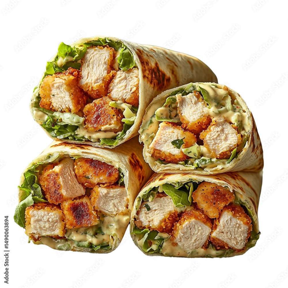 Poster stack of chicken caesar wrap filled with meat and greens. isolated on white background and transpare