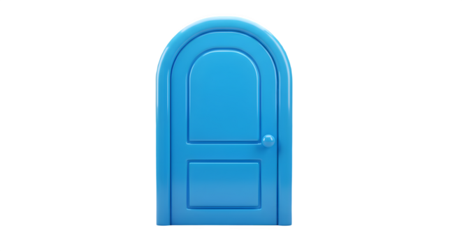 A vibrant blue arched door, a whimsical 3D render. 3D plastic style icon. Isolated on transparent or white background