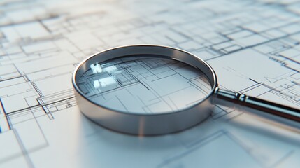 A metallic magnifying glass rests on detailed architectural blueprints, its lens focusing on a section of the design.  Sunlight glints off the glass, highlighting intricate lines and details