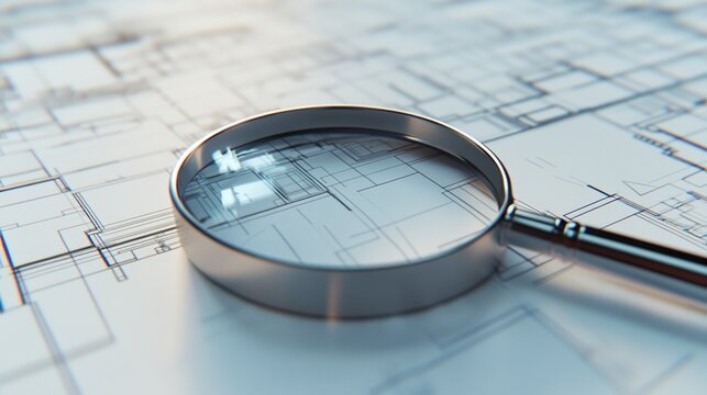 A metallic magnifying glass rests on detailed architectural blueprints, its lens focusing on a section of the design.  Sunlight glints off the glass, highlighting intricate lines and details