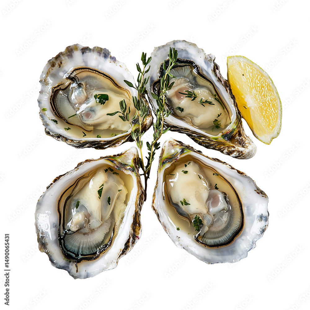 Poster four opened steamed oysters with herbs arranged with a slice of lemon. isolated on white background 