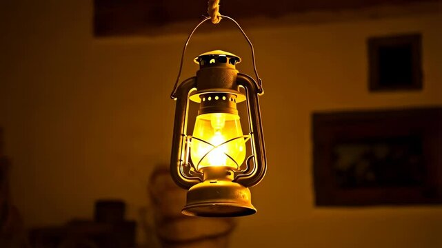 Illuminated antique kerosene lantern hanging from rope in dimly lit rustic room interior, warm glow radiating from inside glass casing, vintage ambiance.