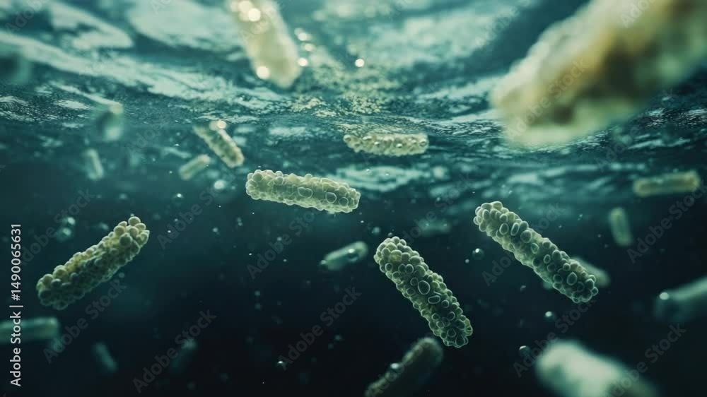 Poster microscopic view of bacteria and microorganisms floating in water under a soft light with bubbles an