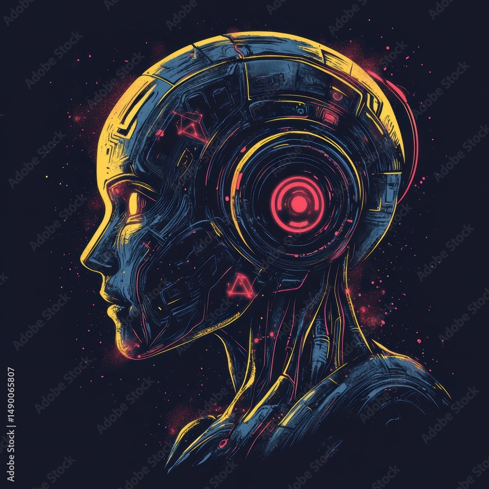 Poster profile of an abstract robot head with cybernetic tech details on black background