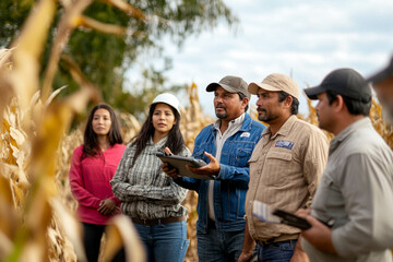 A diverse group of farmers inspecting smart farming technology in a field during autumn. Generated image