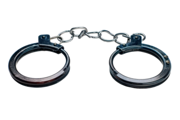 Metal handcuffs with chain on transparent png background. Idea law enforcement, restraint or security, justice, arrest or power.