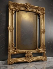 Intricate golden frame rests on polished marble, stylish setting ,  sophistication,  photography