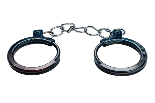 Metal handcuffs with chain on transparent png background. Idea law enforcement, restraint or security, justice, arrest or power.