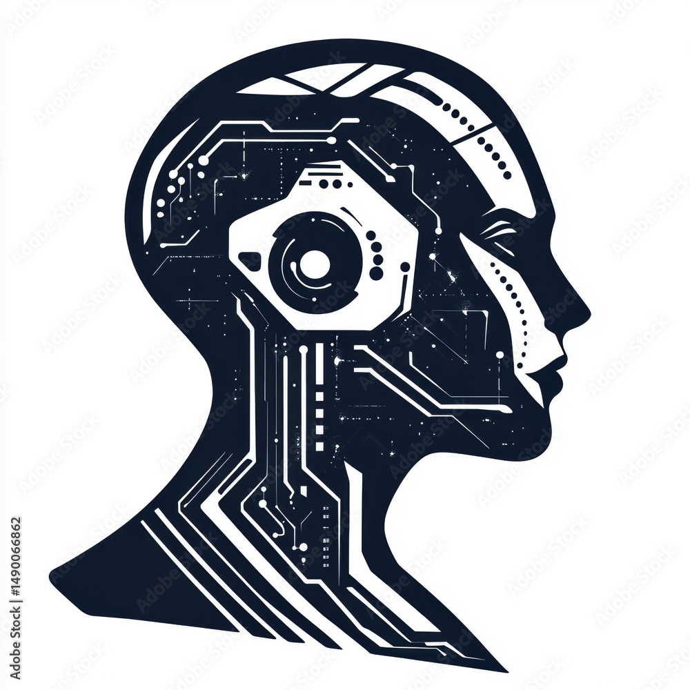 Poster stylized profile of a robot head with circuitry overlay on a white background