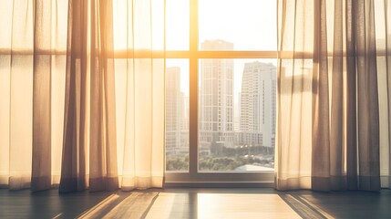Fototapeta premium Sunlight streams through sheer curtains onto a city view.
