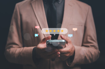 Modern User Reviews Man Displays Five-Star Rating And Social Media Engagement On Smartphone Excellent Experience