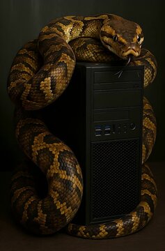 Python slowly moves on black computer tower in studio light