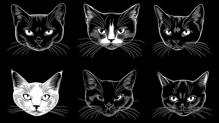 Six cat portraits, black and white, graphic design, dark background, pet illustration