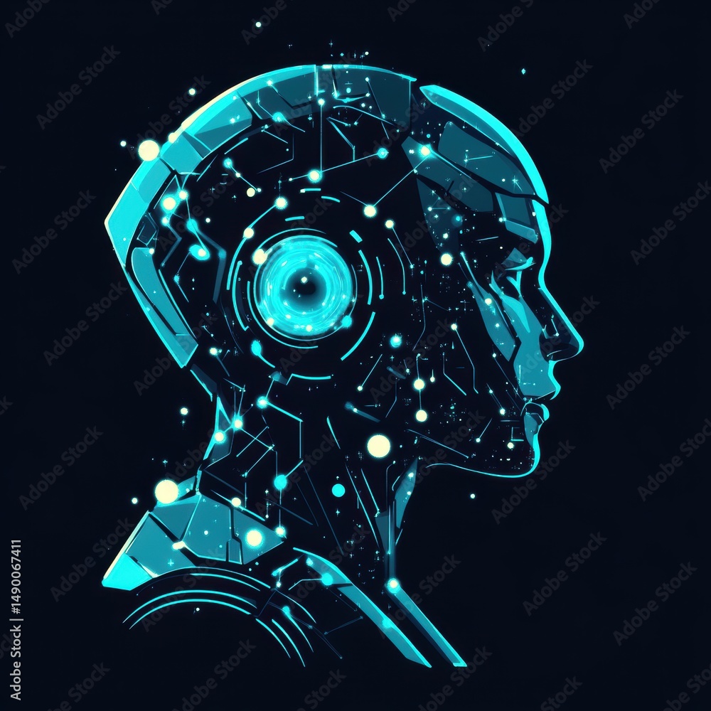 Poster robotic head silhouette with circuitry and glowing nodes on dark background