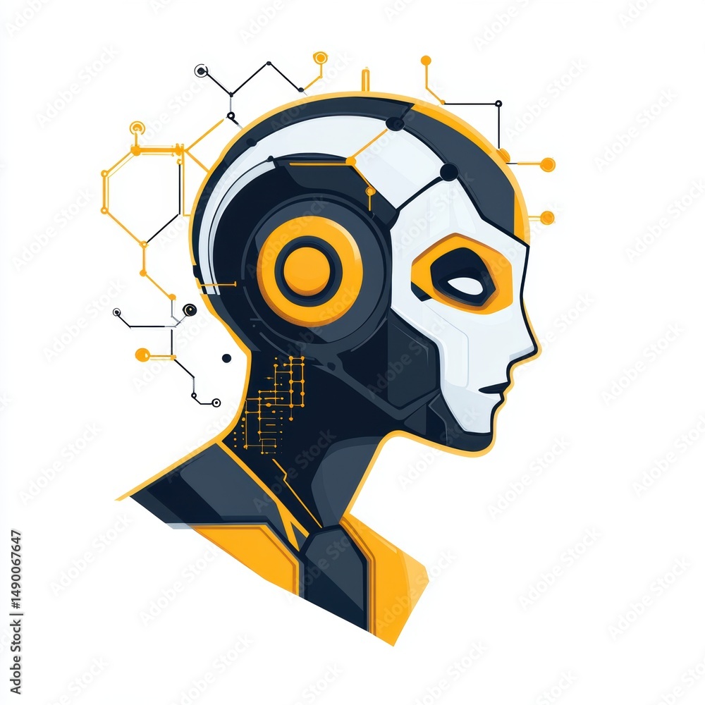 Poster conceptual robot head profile with circuit details on clean background
