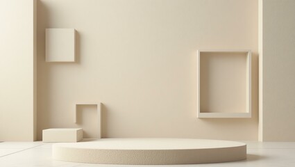 Minimalist interior space with beige walls and geometric shapes creating a serene atmosphere for modern aesthetics.