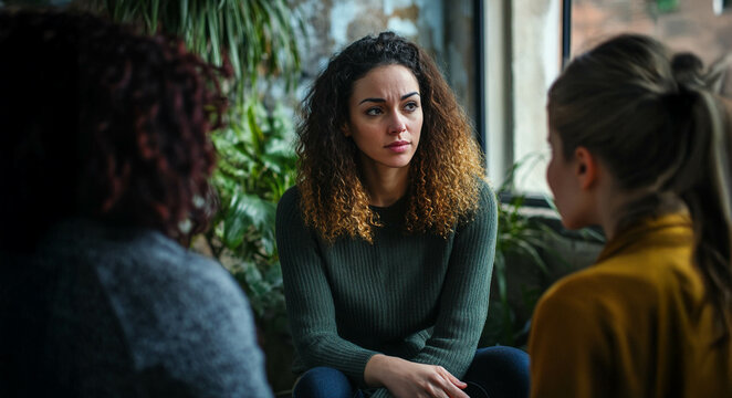 A group of people, including women and a therapist, engage in counseling and therapy sessions focused on mental health, support, and healing. Generated image