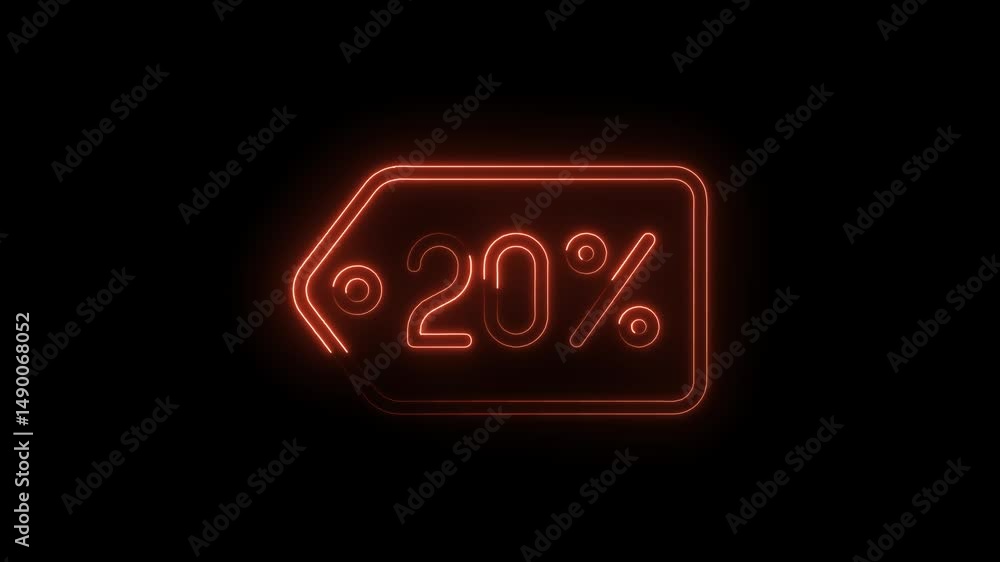 Poster Neon price tag animation displaying a twenty percent discount on black background