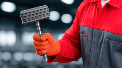 Person wearing red and gray work uniform and orange gloves holding large hammer with textured head workshop or industrial