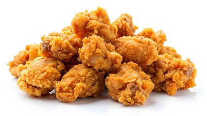 Crispy fried popcorn chicken pieces on a white background, crunchy, bite-sized, on a white background