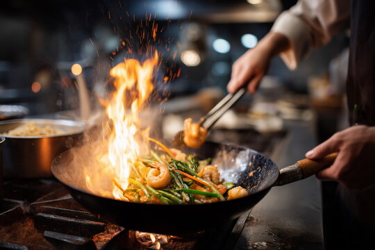 Wok stir-fry action shot with flames rising, chef tossing ingredients like vegetables and shrimp in a traditional Chinese kitchen, dynamic lighting, street food authenticity, culinary scene.