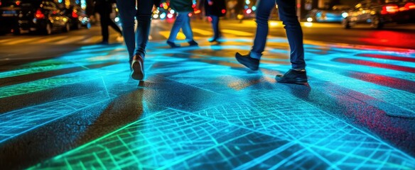 Illuminated pedestrian crossing at night with city map projections.