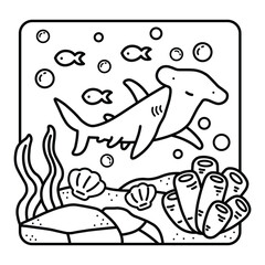 Hammerhead Shark, Ocean Scene, Bold and Easy Designs for Relaxation with Sea Life, Ocean life, undersea life,  Vector illustration, hand-drawn, flat design illustration, Bold Easy Coloring Pages,