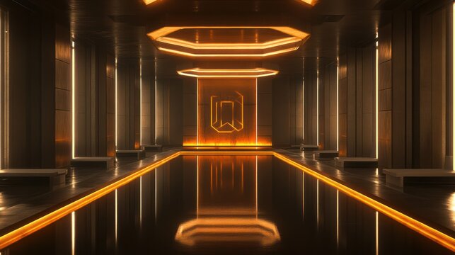 Futuristic orange-lit pool hall, reflective floor, background architectural details, game backdrop