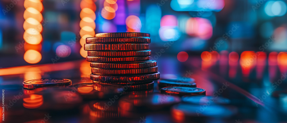 Poster stack of coins on reflective surface with colorful blurred lights creating warm mood