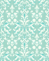 Ornate Baroque scroll pattern in frosty teal mint floral elegance, ideal for luxury decor. 
