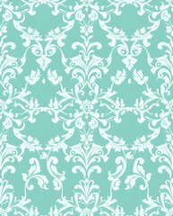 Ornate Baroque scroll pattern in frosty teal mint floral elegance, ideal for luxury decor. 