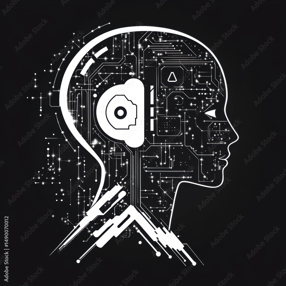 Poster artificial intelligence head profile with circuit board design on dark background