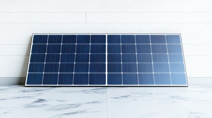 Single solar panel on marble floor clean energy technology renewable power source sustainable electricity