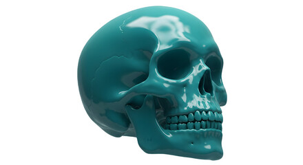 Obraz premium Teal human skull, glossy finish. Intriguing, artistic image. 3D plastic style icon. Isolated on transparent or white background